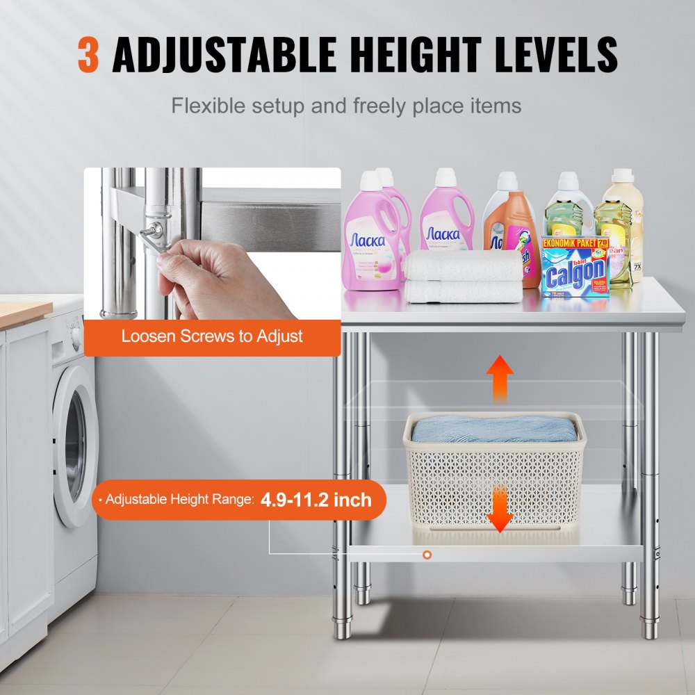 Mesa de preparación de acero inoxidable VEVOR, 900 x 600 x 800 mm, capacidad de carga de 317 kg, mesa de trabajo de metal resistente con 3 niveles de altura ajustables, estación de trabajo comercial para cocina, garaje, restaurante, patio trasero