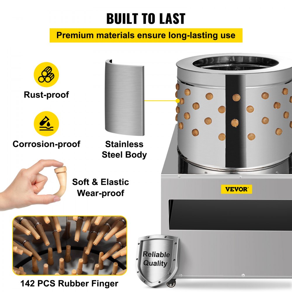 Desplumadora de aves de corral VEVOR de 2200 W, 240 rpm, para pavo, pollo, aves de corral, barril de 23,5 pulgadas de diámetro, de acero inoxidable, con ruedas.