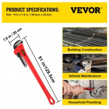 Llave de tubería VEVOR, 60 pulgadas, llave de plomería recta de hierro fundido resistente, herramienta de plomero ajustable para fregadero, grifo, inodoro, baño, cocina, desagüe, instalación de reparación