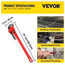 Llave de tubería VEVOR, 60 pulgadas, llave de plomería recta de hierro fundido resistente, herramienta de plomero ajustable para fregadero, grifo, inodoro, baño, cocina, desagüe, instalación de reparación