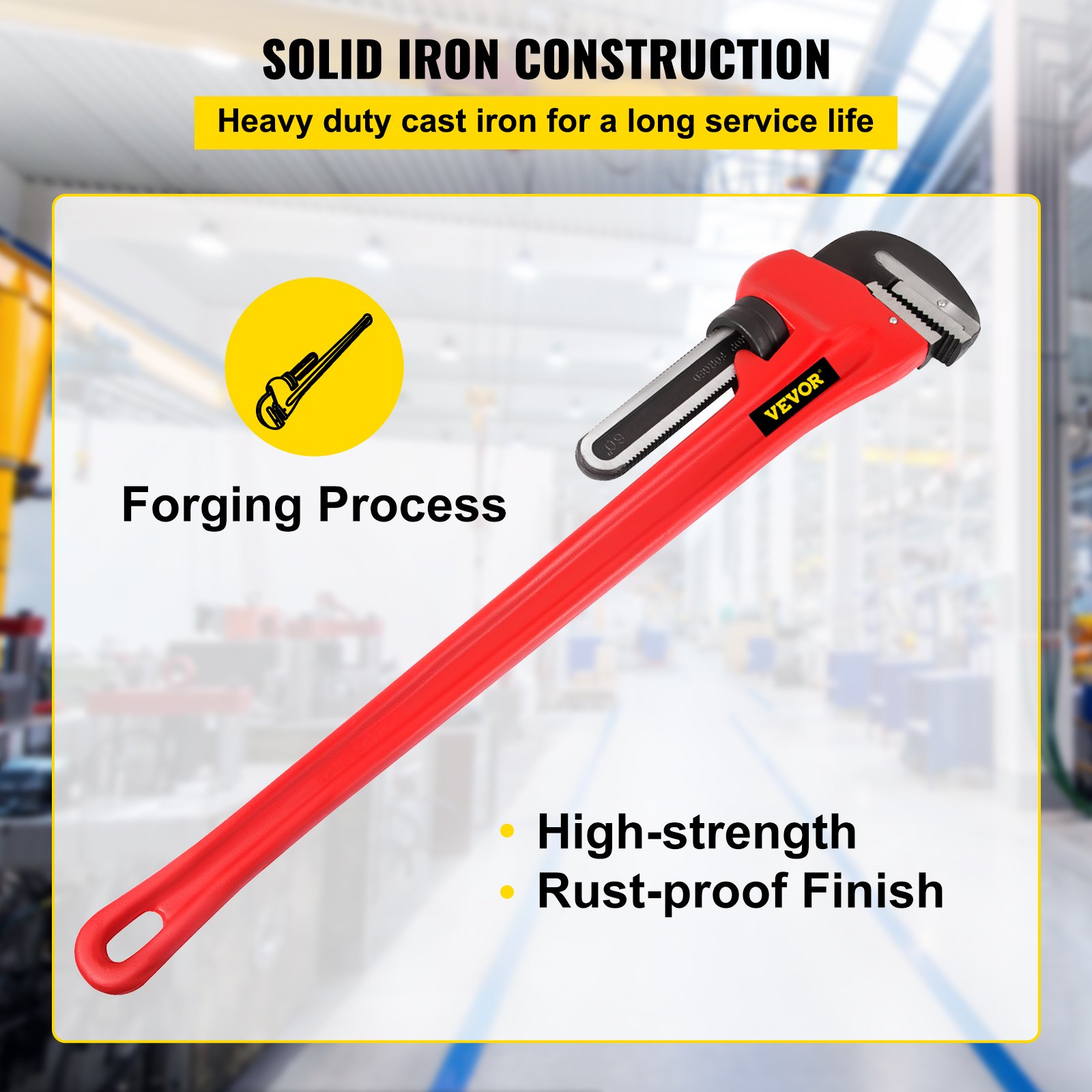Llave de tubo VEVOR con mango rojo resistente a la oxidación y de alta resistencia y construcción de hierro sólido.