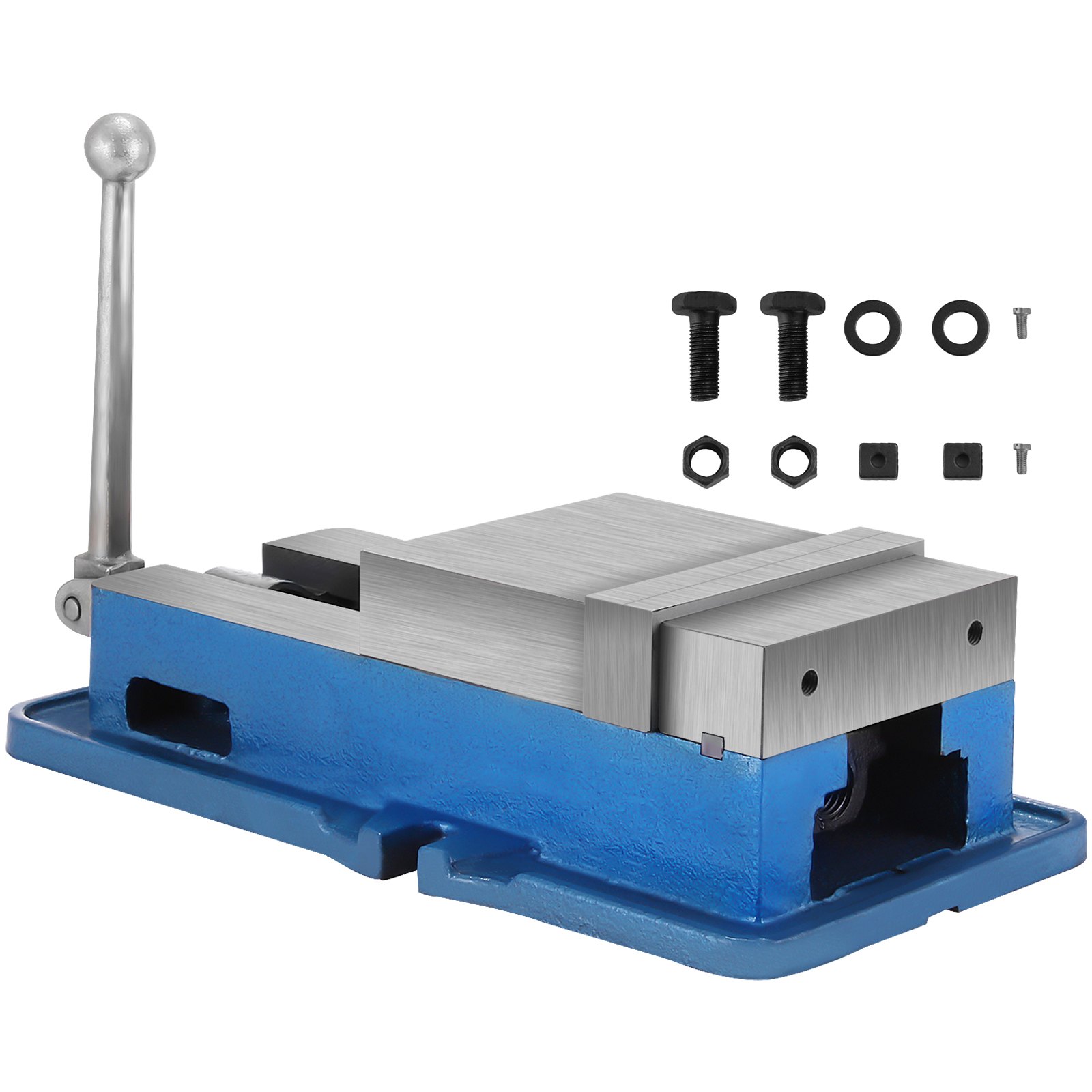 Tornillo de banco para fresadora VEVOR de color azul metalizado con mango y herrajes de montaje incluidos.