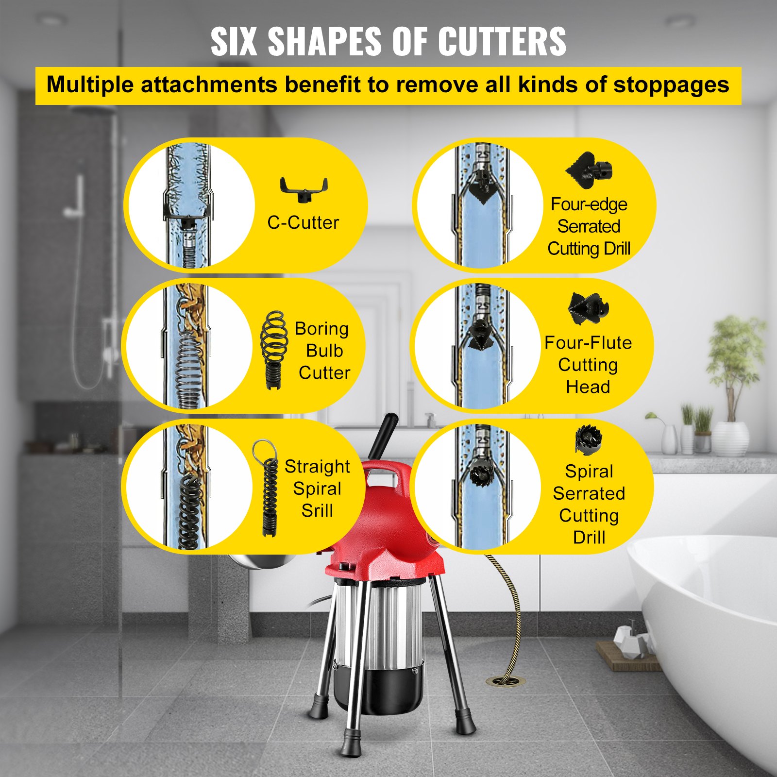 VEVOR Máquina de limpieza de desagües Máquina Desatascar Tuberías Limpieza de drenajes Limpiador de desagües seccional de 500 vatios Cable de resorte