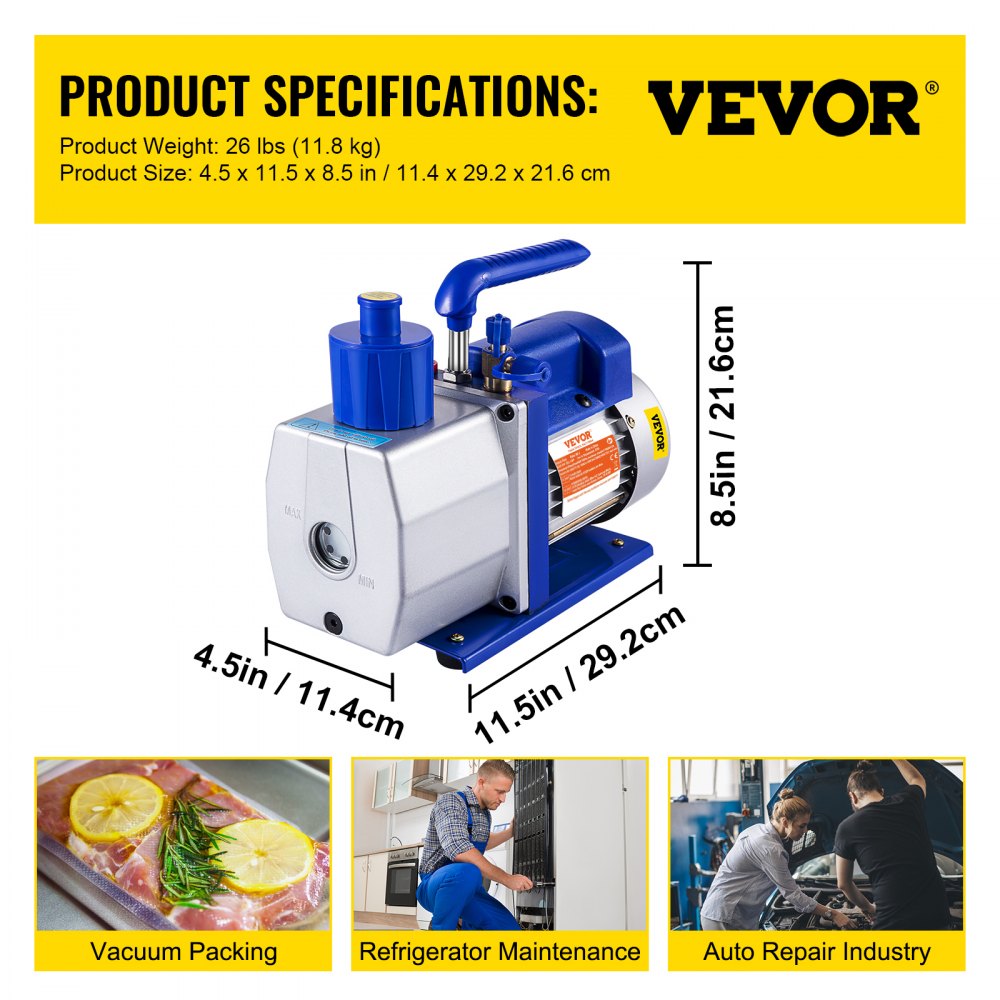 Bomba de vacío VEVOR de 7 CFM y 1/2 HP para aire acondicionado de una etapa, para sistemas R12, R22, R134a y R410a, 110 V, 5 PA, herramienta de HVAC para reparación de automóviles.
