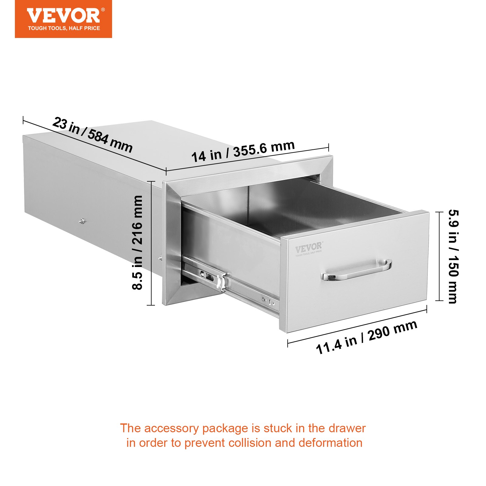 Cajones de cocina exterior VEVOR con dimensiones en pulgadas y milímetros.