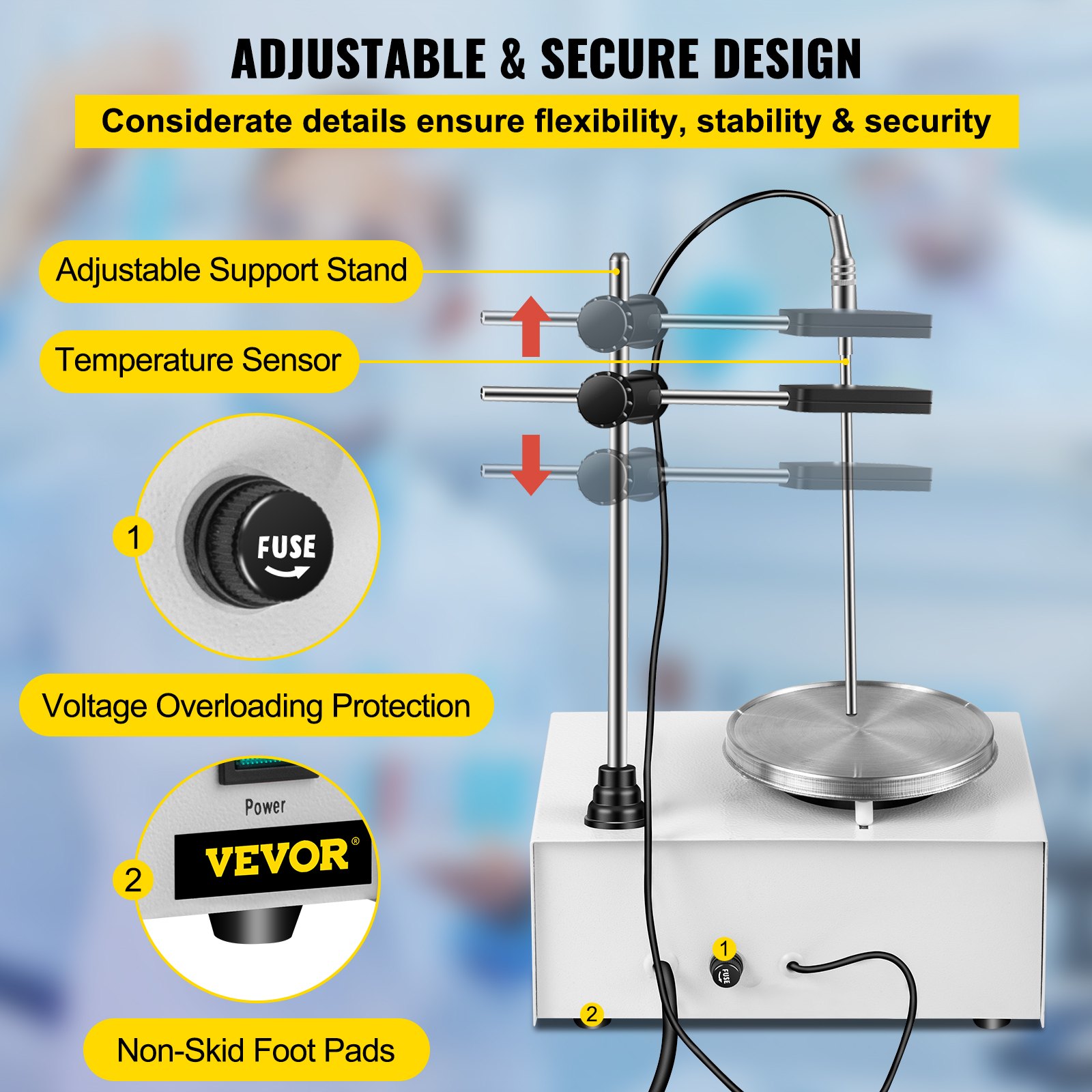 Agitador magnético VEVOR con soporte ajustable, sensor de temperatura y protección contra sobrecarga