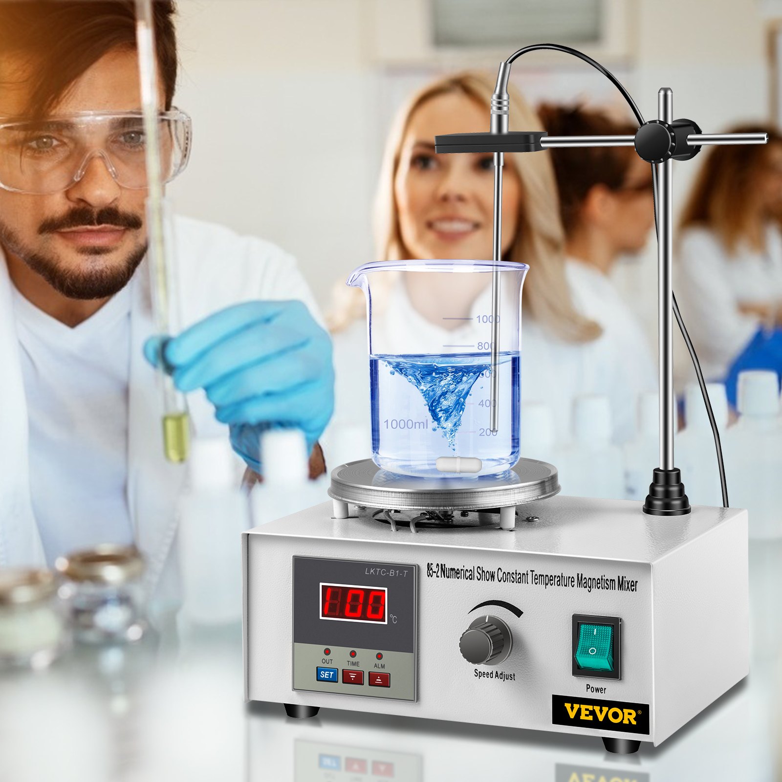 entorno de laboratorio con agitador magnético VEVOR y científicos realizando experimentos.