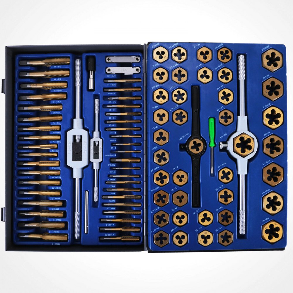 Juego de machos y terrajas VEVOR en un estuche azul con varios machos y terrajas organizados de forma ordenada.