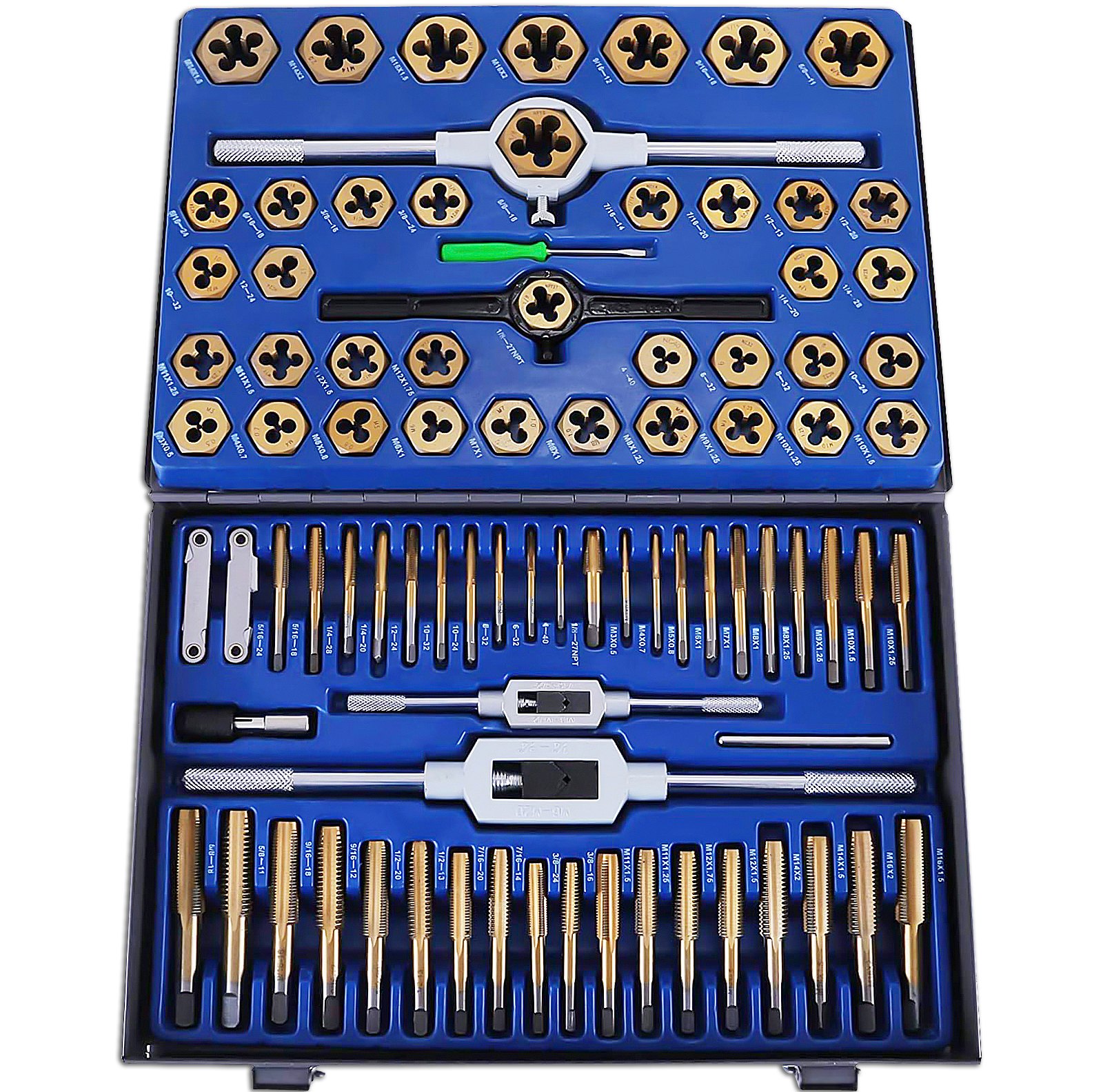 Juego de machos de roscar y terrajas VEVOR en un estuche azul con varios machos de roscar y terrajas ordenados de forma ordenada.