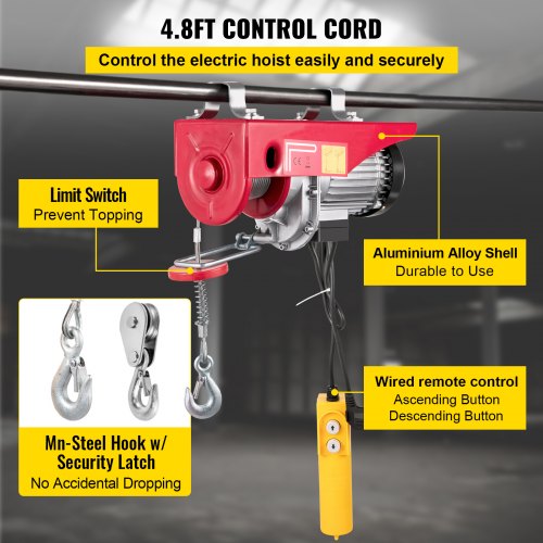 VEVOR Polipasto Eléctrico de 200/400 kg Cabrestante de Cable Eléctrico de 850W Cabrestante de Polipasto Eléctrico de 440/880 libras Estructura Resistente del Polipasto de Motor para Fábricas Almacenes