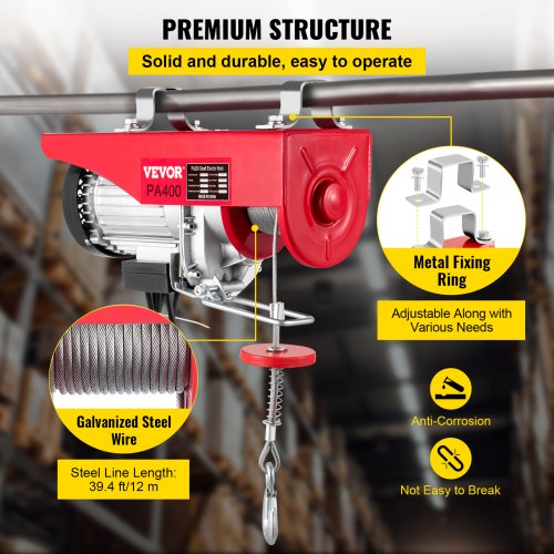 VEVOR Polipasto Eléctrico de 200/400 kg Cabrestante de Cable Eléctrico de 850W Cabrestante de Polipasto Eléctrico de 440/880 libras Estructura Resistente del Polipasto de Motor para Fábricas Almacenes