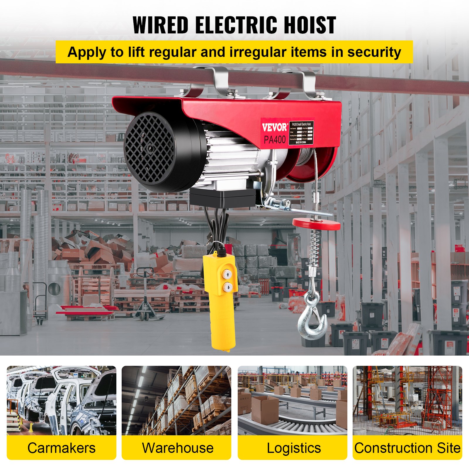 VEVOR Polipasto Eléctrico de 200/400 kg Cabrestante de Cable Eléctrico de 850W Cabrestante de Polipasto Eléctrico de 440/880 libras Estructura Resistente del Polipasto de Motor para Fábricas Almacenes