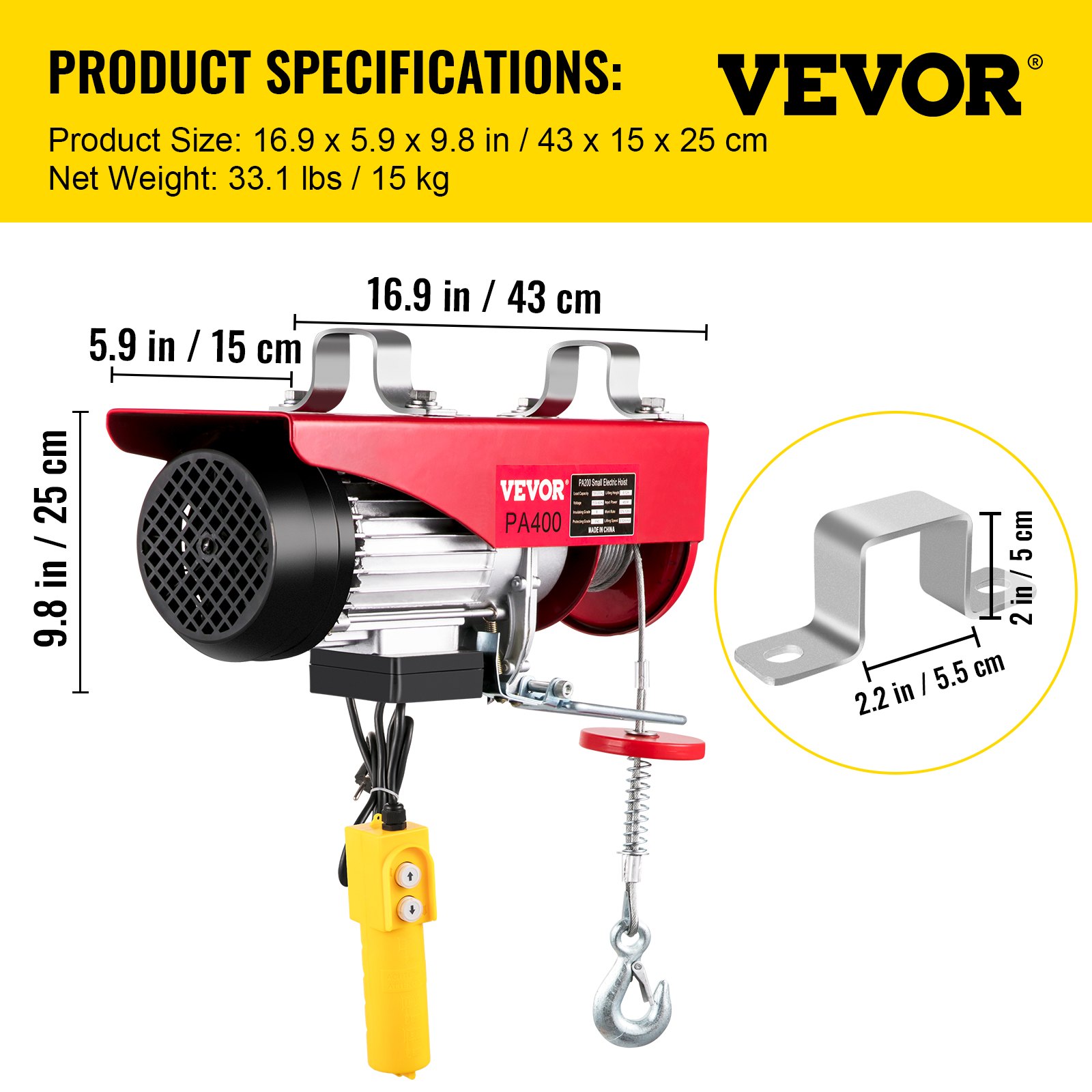 VEVOR Polipasto Eléctrico de 200/400 kg Cabrestante de Cable Eléctrico de 850W Cabrestante de Polipasto Eléctrico de 440/880 libras Estructura Resistente del Polipasto de Motor para Fábricas Almacenes