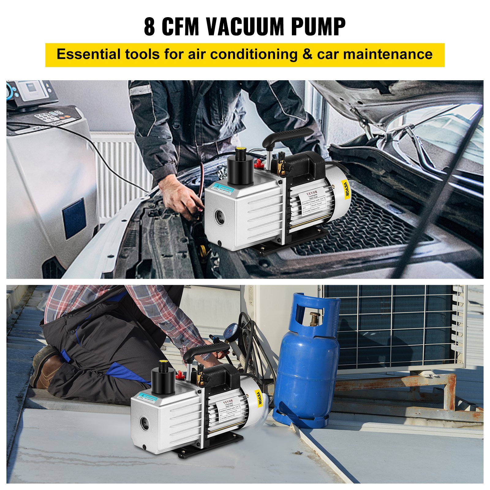 Bomba de vacío VEVOR en uso para aire acondicionado y mantenimiento de automóviles.