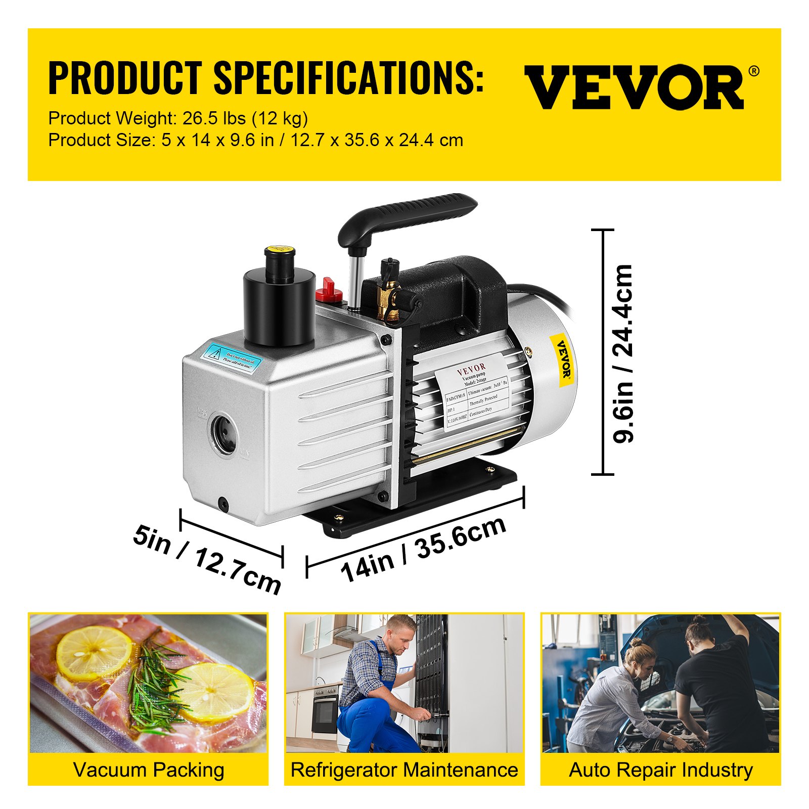 Bomba de vacío VEVOR con especificaciones, reparación de automóviles, mantenimiento de refrigeradores, envasado al vacío.