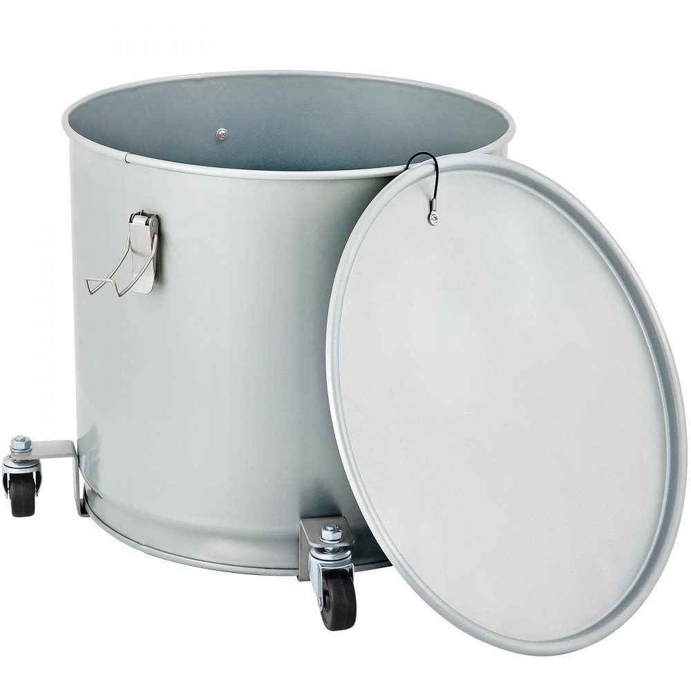 Cubo de grasa para freidora VEVOR de 15.9 galones, recipiente para filtro de aceite de acero al carbono revestido de 60 l con base con ruedas, contenedor para desechar aceite con capacidad de 123 lb, contenedor de transporte con clip de cierre de tapa y bolsa de filtro de nailon plateada.
