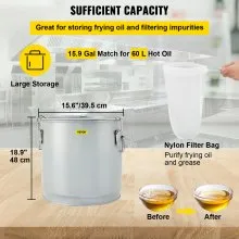 Cubo para grasa de freidora VEVOR, 15,9 galones/60 l, recipiente para filtro de aceite de acero al carbono revestido con base con ruedas, recipiente para desechar aceite con capacidad de 123 libras, contenedor de transporte con clip de bloqueo de tapa, bolsa de filtro de nailon, plateado