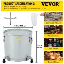 Cubo para grasa de freidora VEVOR, 15,9 galones/60 l, recipiente para filtro de aceite de acero al carbono revestido con base con ruedas, recipiente para desechar aceite con capacidad de 123 libras, contenedor de transporte con clip de bloqueo de tapa, bolsa de filtro de nailon, plateado