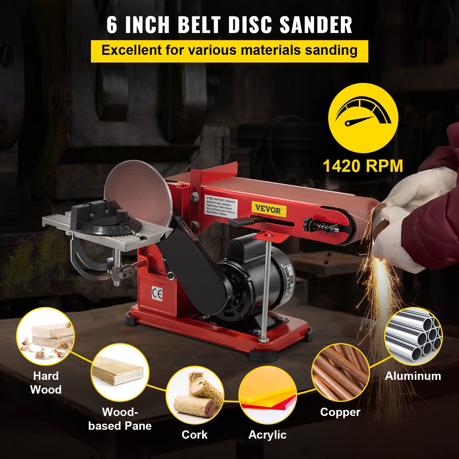 Lijadora de banda VEVOR, disco de 6 pulgadas, 1420 rpm, excelente para lijar diversos materiales.