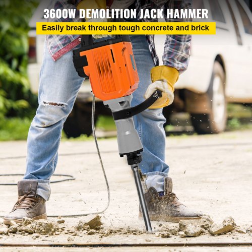 VEVOR Martillo Demoledor 3600 W Martillo Eléctrico Profesional, 60 J Martillo de Demolición, 1800 BPM con Cincel Plano, Cincel Puntiagudo y Accesorios Completos 2 Mangos para Hormigón y Mampostería