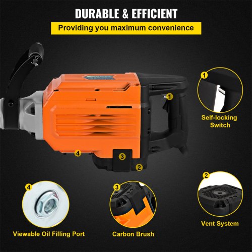 VEVOR Martillo Demoledor 3600 W Martillo Eléctrico Profesional, 60 J Martillo de Demolición, 1800 BPM con Cincel Plano, Cincel Puntiagudo y Accesorios Completos 2 Mangos para Hormigón y Mampostería