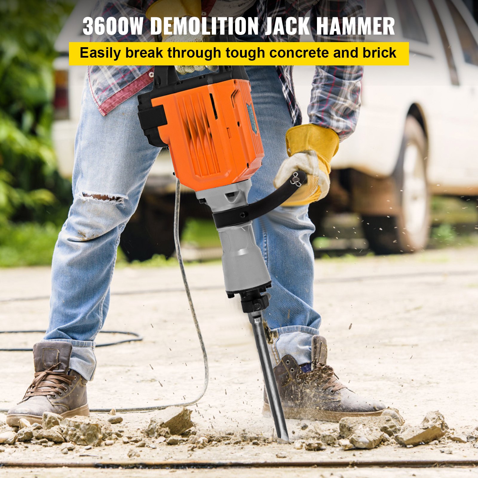VEVOR Martillo Demoledor 3600 W Martillo Eléctrico Profesional, 60 J Martillo de Demolición, 1800 BPM con Cincel Plano, Cincel Puntiagudo y Accesorios Completos 2 Mangos para Hormigón y Mampostería