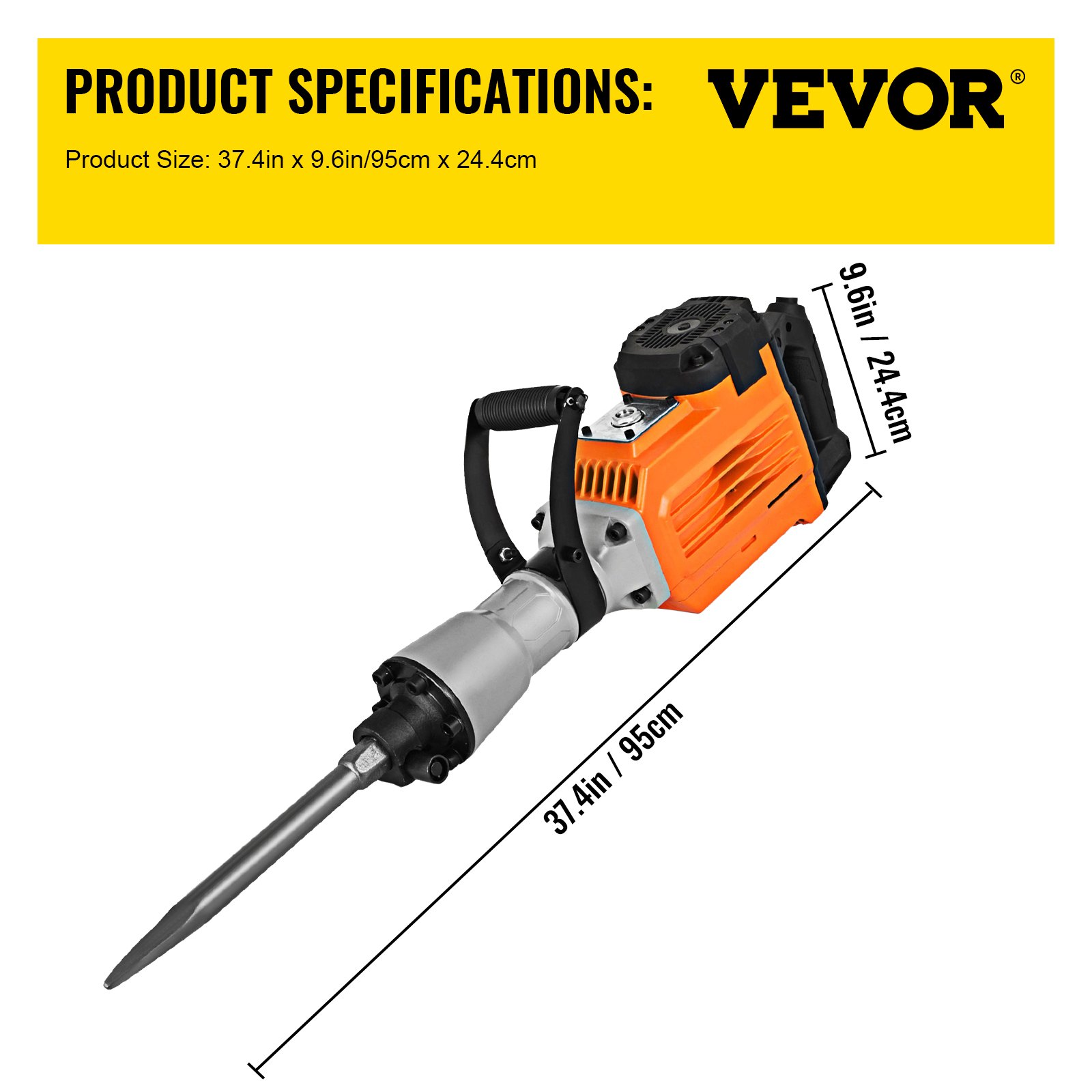 VEVOR Martillo Demoledor 3600 W Martillo Eléctrico Profesional, 60 J Martillo de Demolición, 1800 BPM con Cincel Plano, Cincel Puntiagudo y Accesorios Completos 2 Mangos para Hormigón y Mampostería