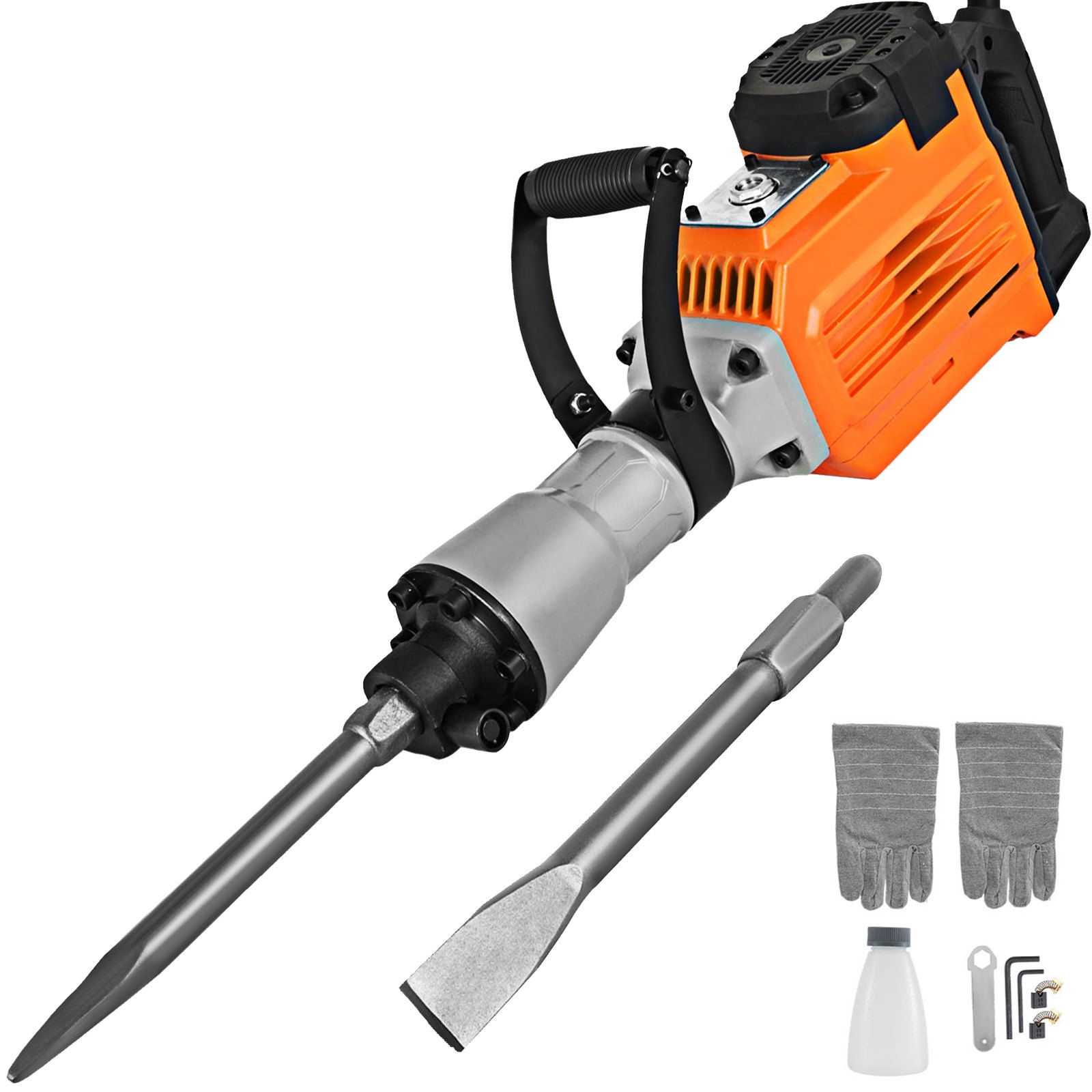 VEVOR Martillo Demoledor 3600 W Martillo Eléctrico Profesional, 60 J Martillo de Demolición, 1800 BPM con Cincel Plano, Cincel Puntiagudo y Accesorios Completos 2 Mangos para Hormigón y Mampostería
