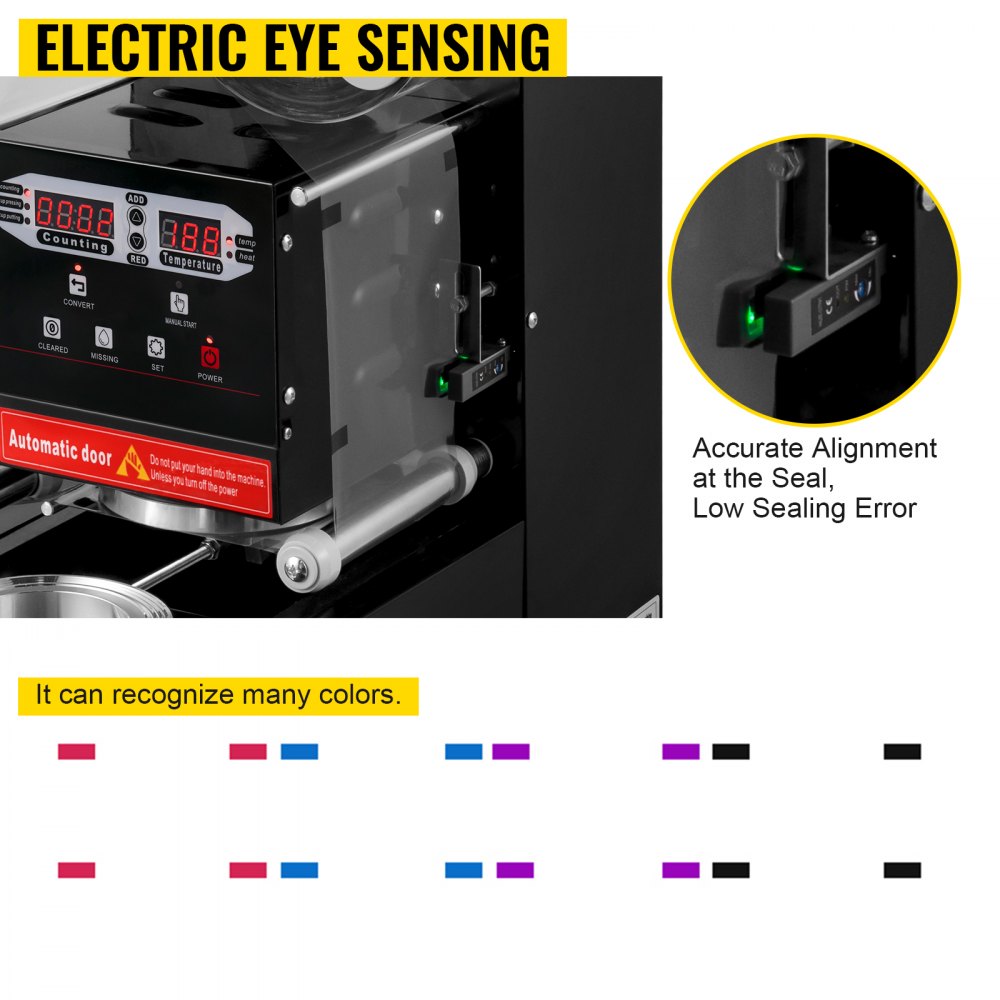Máquina de sellado de vasos VEVOR Máquina de té de burbujas de 95 mm Automática 500-650 tazas / h Sellador de vasos Negro con control digital para sellar vasos de papel PP PET