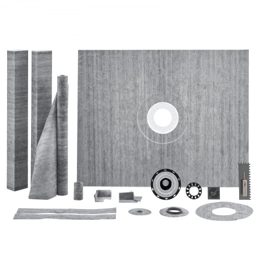 Kit de borde para ducha VEVOR, kit de plato de ducha de 60" x 48" con brida central de ABS de 2", membrana impermeable, rejilla de acero inoxidable, listones de pendiente para plato de ducha aptos para baño