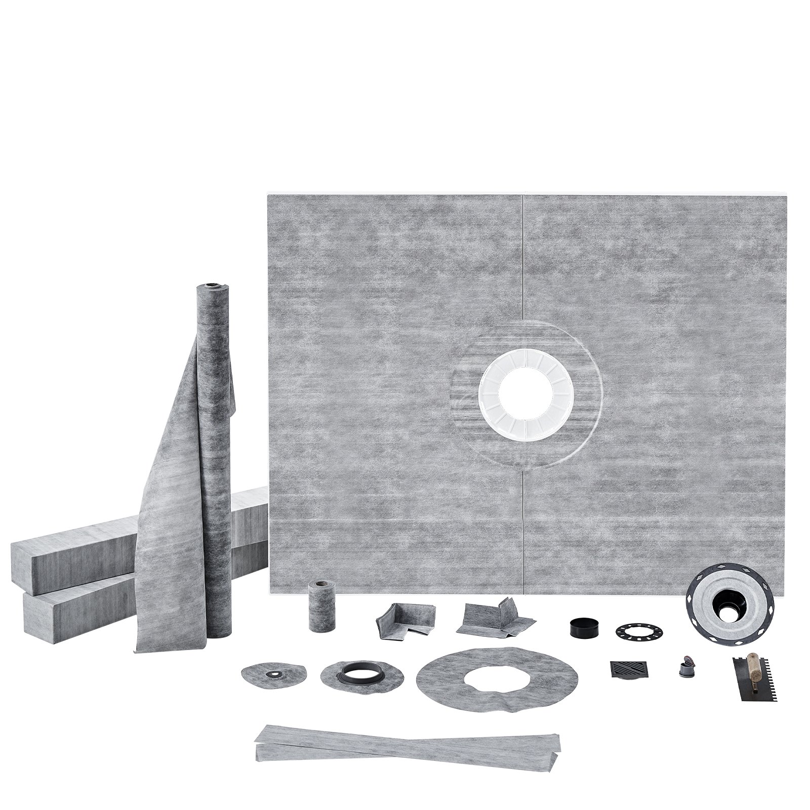 Kit de borde para ducha VEVOR, kit de plato de ducha de 60" x 48" con brida central de ABS de 2", membrana impermeable, rejilla de acero inoxidable, listones de pendiente para plato de ducha aptos para baño