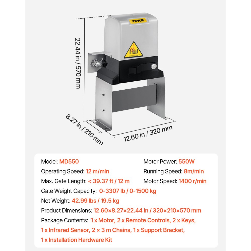 Abridor de puerta corrediza VEVOR, AC1400 3100LBS, con 2 controles remotos, kit de hardware para operador de puerta de seguridad, velocidad de movimiento de 43 pies por minuto, motor eléctrico para puerta corrediza de entrada rodante