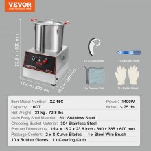 Procesador de alimentos y picadora de verduras VEVOR, 16 cuartos, 1400 W, procesador de alimentos de acero inoxidable apto para uso alimentario, picadora con 2 cuchillas curvas en S adicionales, multifuncional para picar verduras, carne, cereales y frutos secos