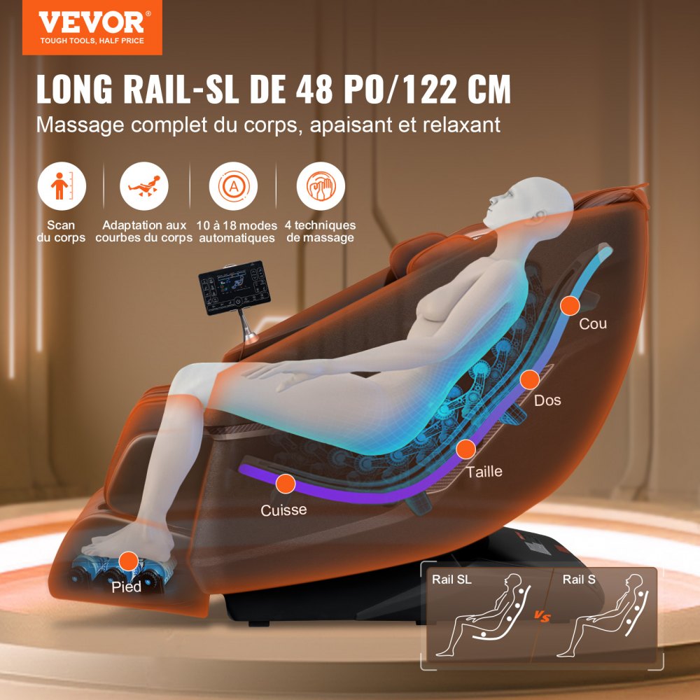 Sillón de masaje VEVOR con riel flexible SL-Track, reclinable de cuerpo completo con gravedad cero, 10-18 modos automáticos, shiatsu 3D, calefacción, altavoz Bluetooth, airbag, rodillo para pies y pantalla táctil.