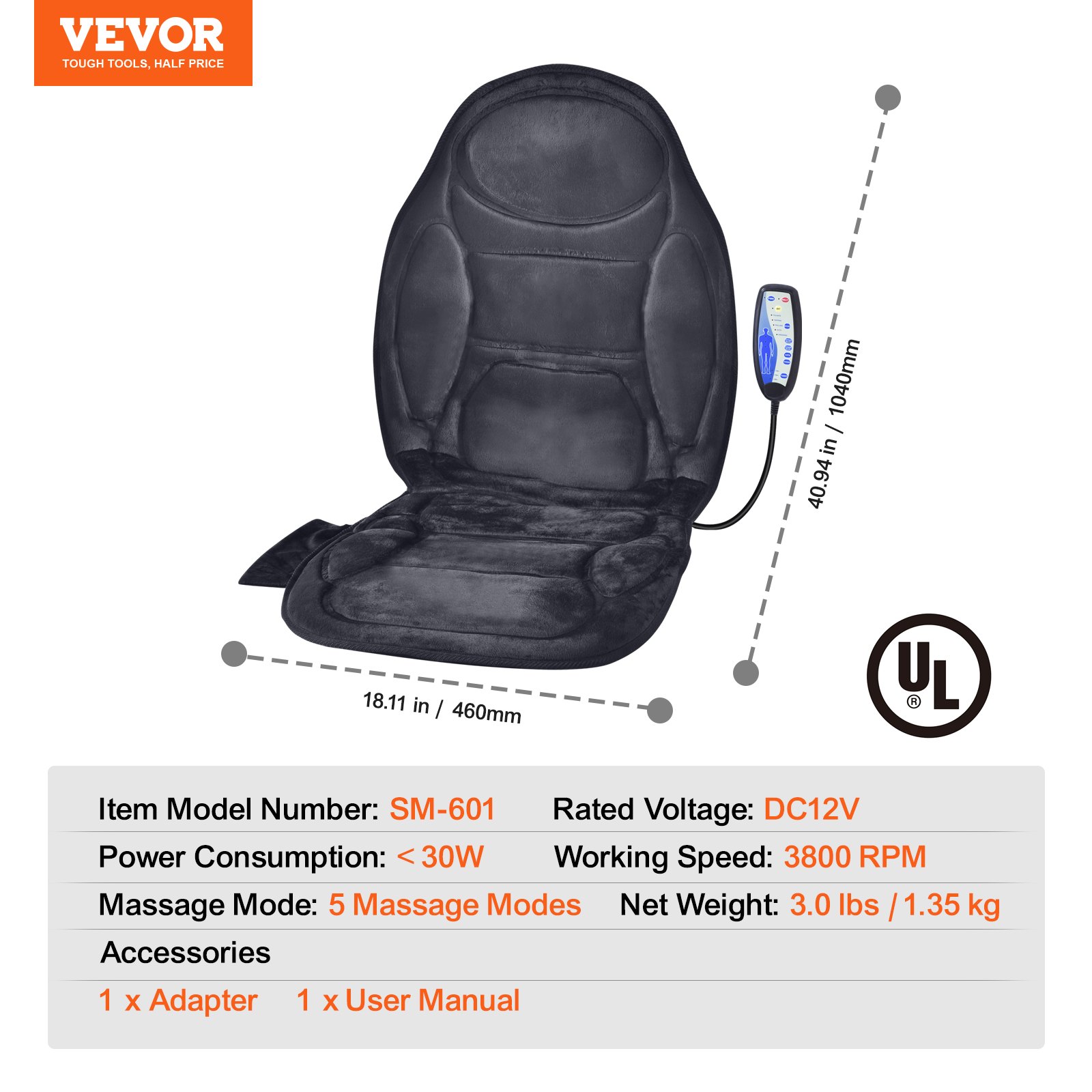 Cojín de asiento de masaje VEVOR con 5 modos, dimensiones 18,11 x 40,94 pulgadas y control remoto.