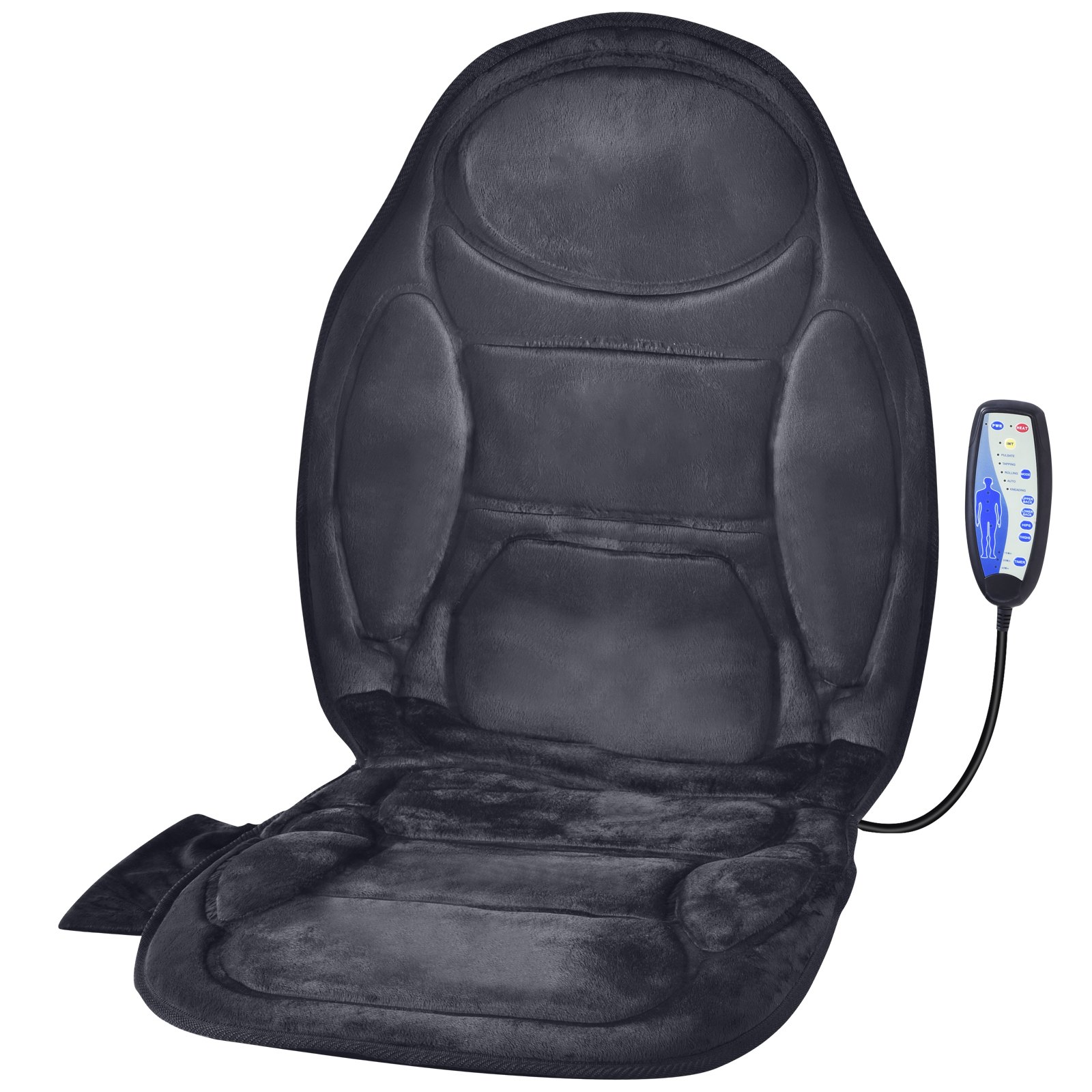 Cojín de asiento de masaje VEVOR con calor en color negro, material de felpa, control remoto adjunto en el lateral.