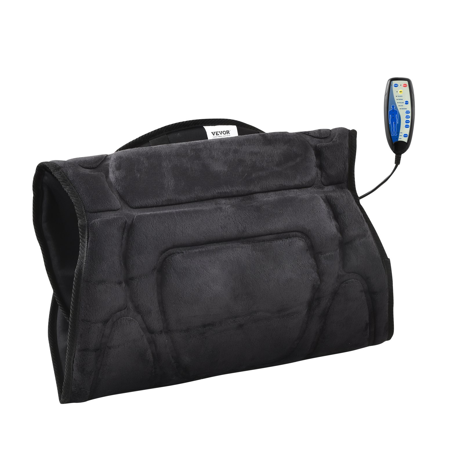 Cojín de asiento de masaje VEVOR con calor en color negro, con control remoto para configuraciones personalizables.