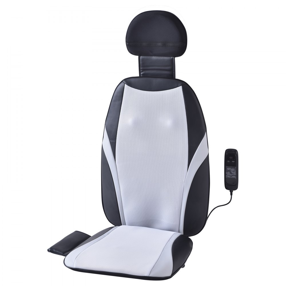 Masajeador de espalda shiatsu VEVOR con control remoto, diseño en blanco y negro, reposacabezas y asiento ergonómico.
