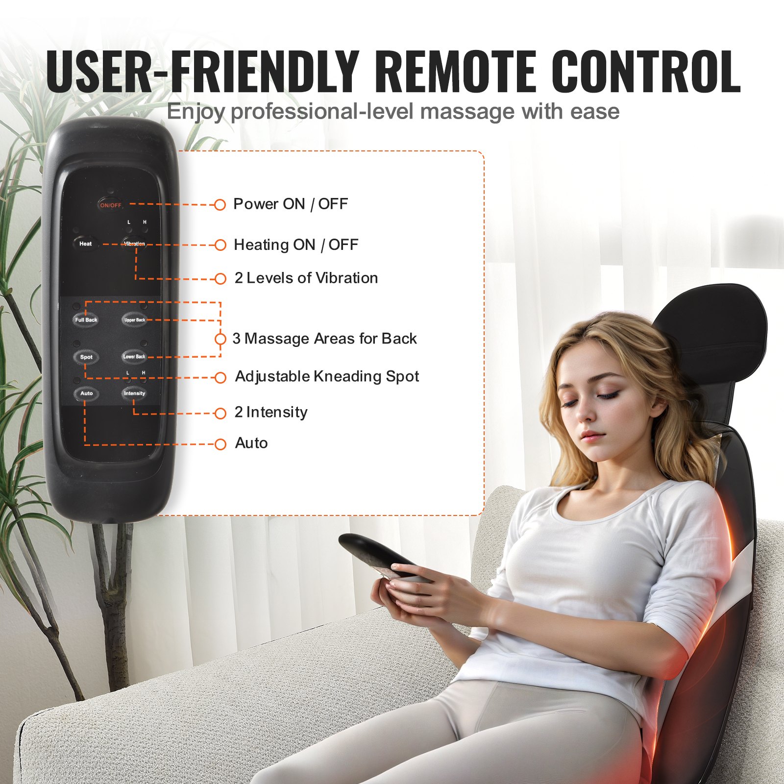 Mujer usando el masajeador de espalda shiatsu VEVOR con control remoto que detalla las configuraciones para un masaje óptimo.