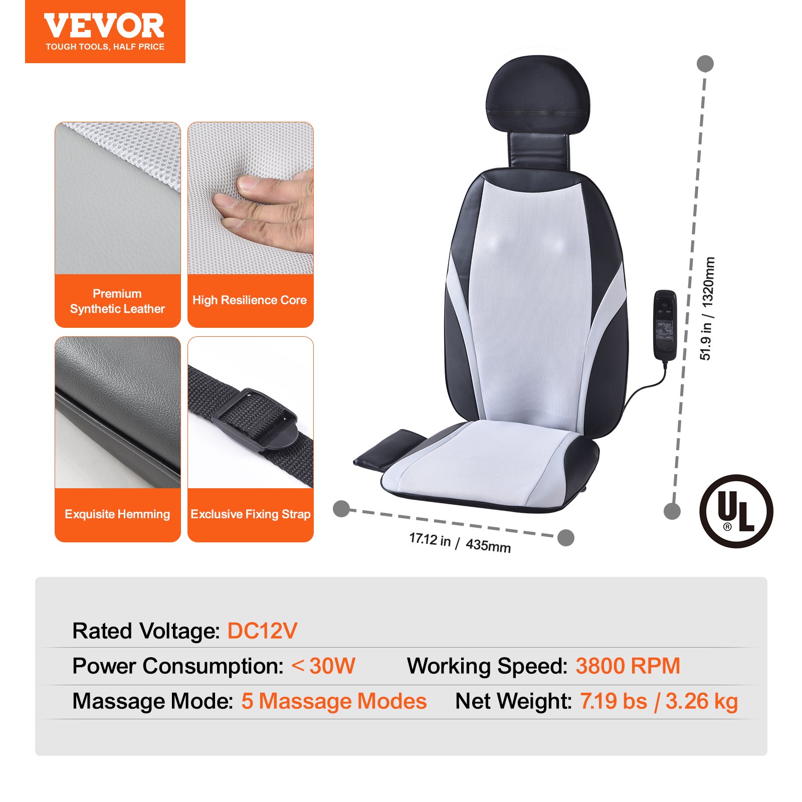 Masajeador de espalda shiatsu VEVOR con piel sintética, núcleo de alta resiliencia y correa de fijación ajustable.