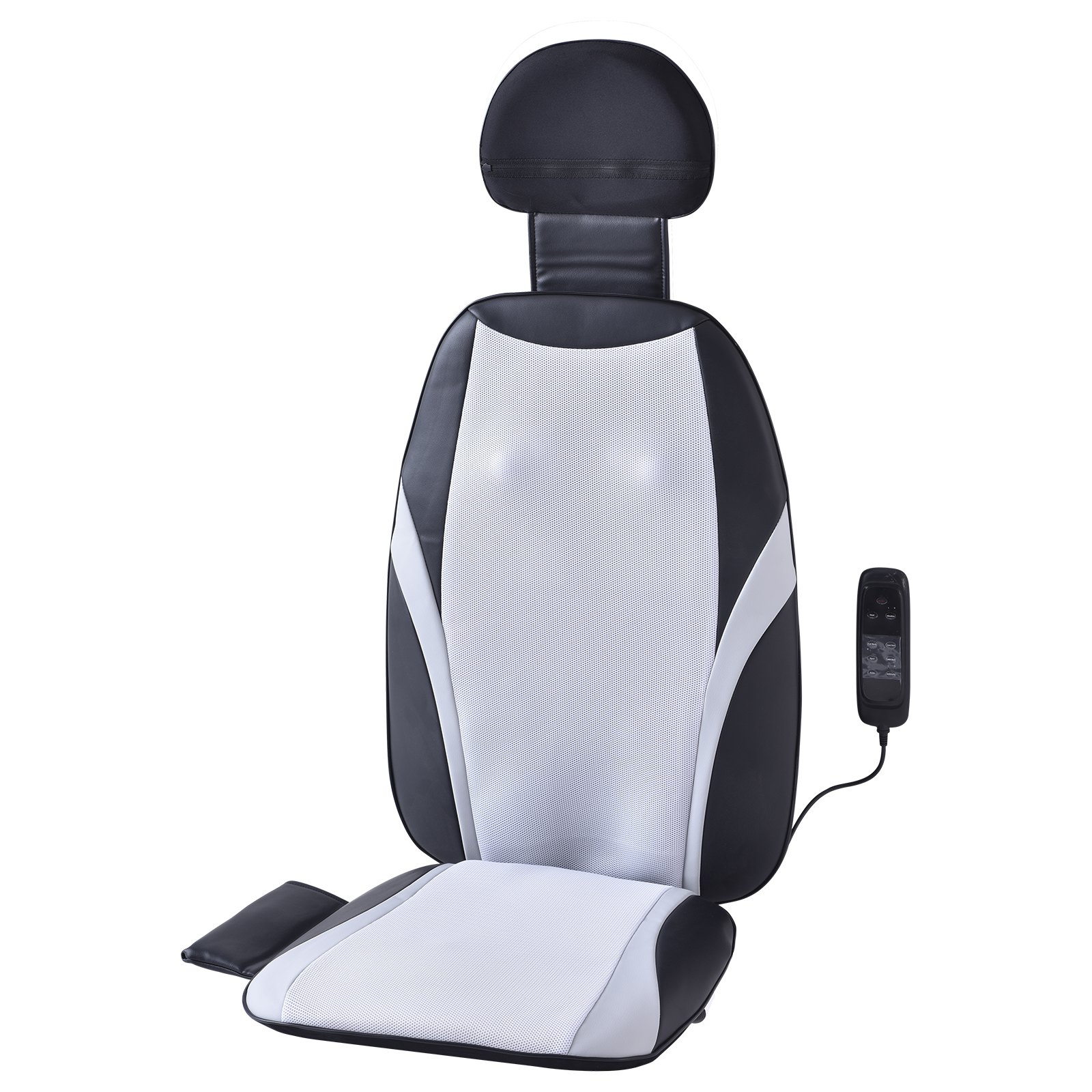 Masajeador de espalda shiatsu VEVOR con control remoto, diseño en blanco y negro, reposacabezas y asiento ergonómico.