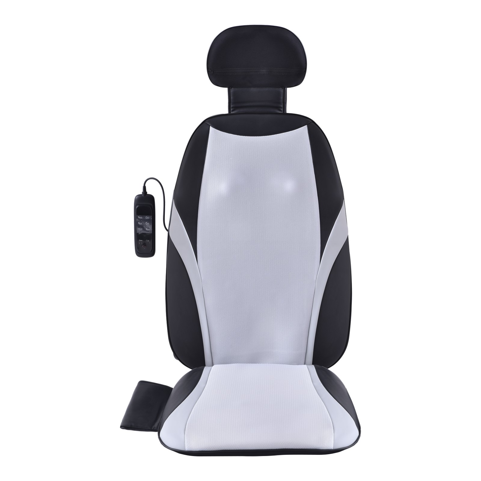 Masajeador de espalda shiatsu VEVOR en acabado blanco y negro con control remoto adjunto.
