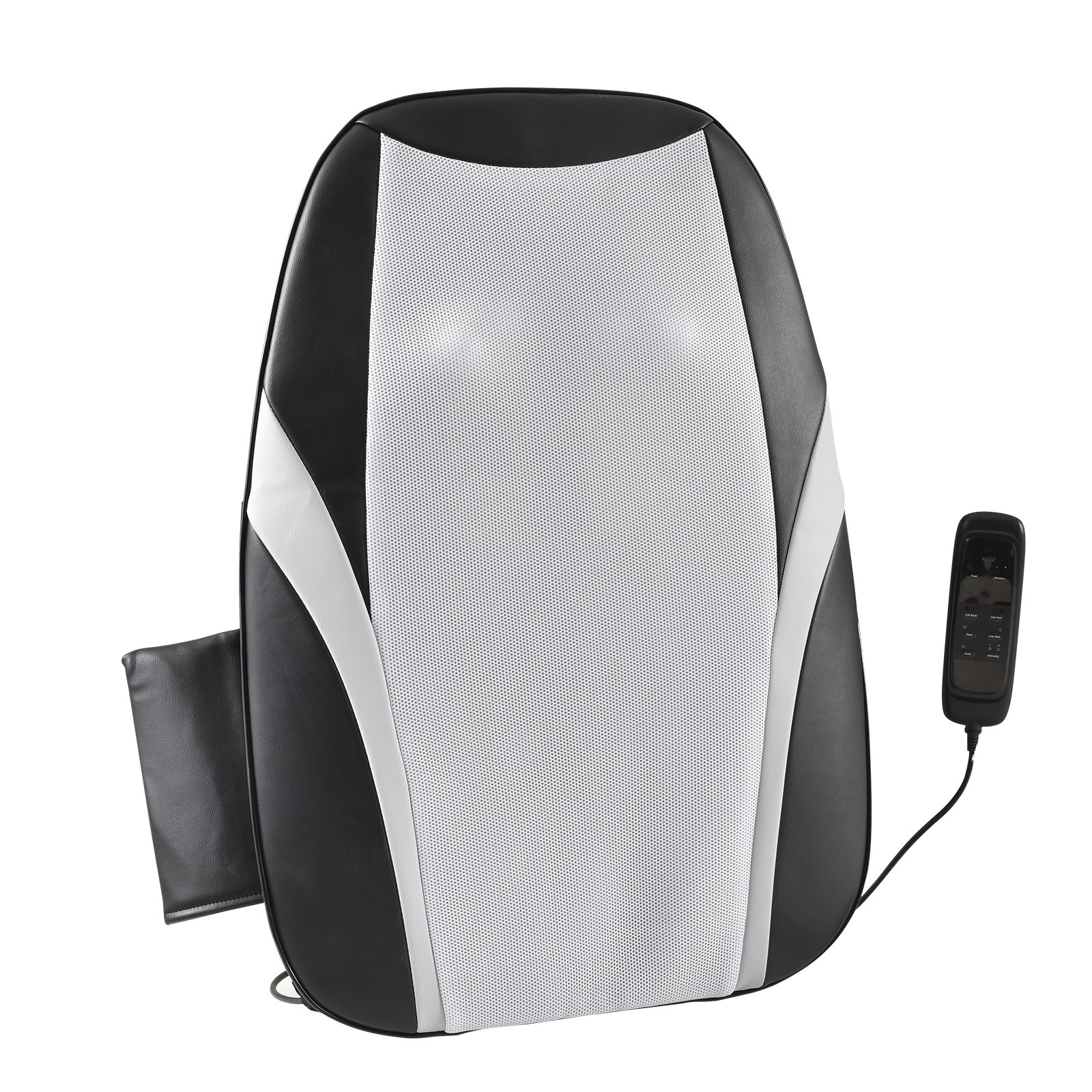 Masajeador de espalda shiatsu VEVOR con control remoto, con un elegante diseño en blanco y negro.