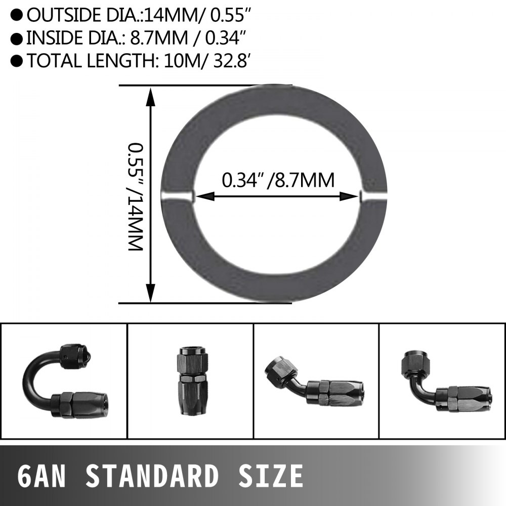 VEVOR 6AN 32.8FT Manguera de línea de combustible de gas de aceite trenzado de nailon de acero inoxidable 10M BK + 20 PCS Kit de adaptador de montaje de extremo de manguera de aluminio Kit de línea de combustible 1000 psi (AN6)