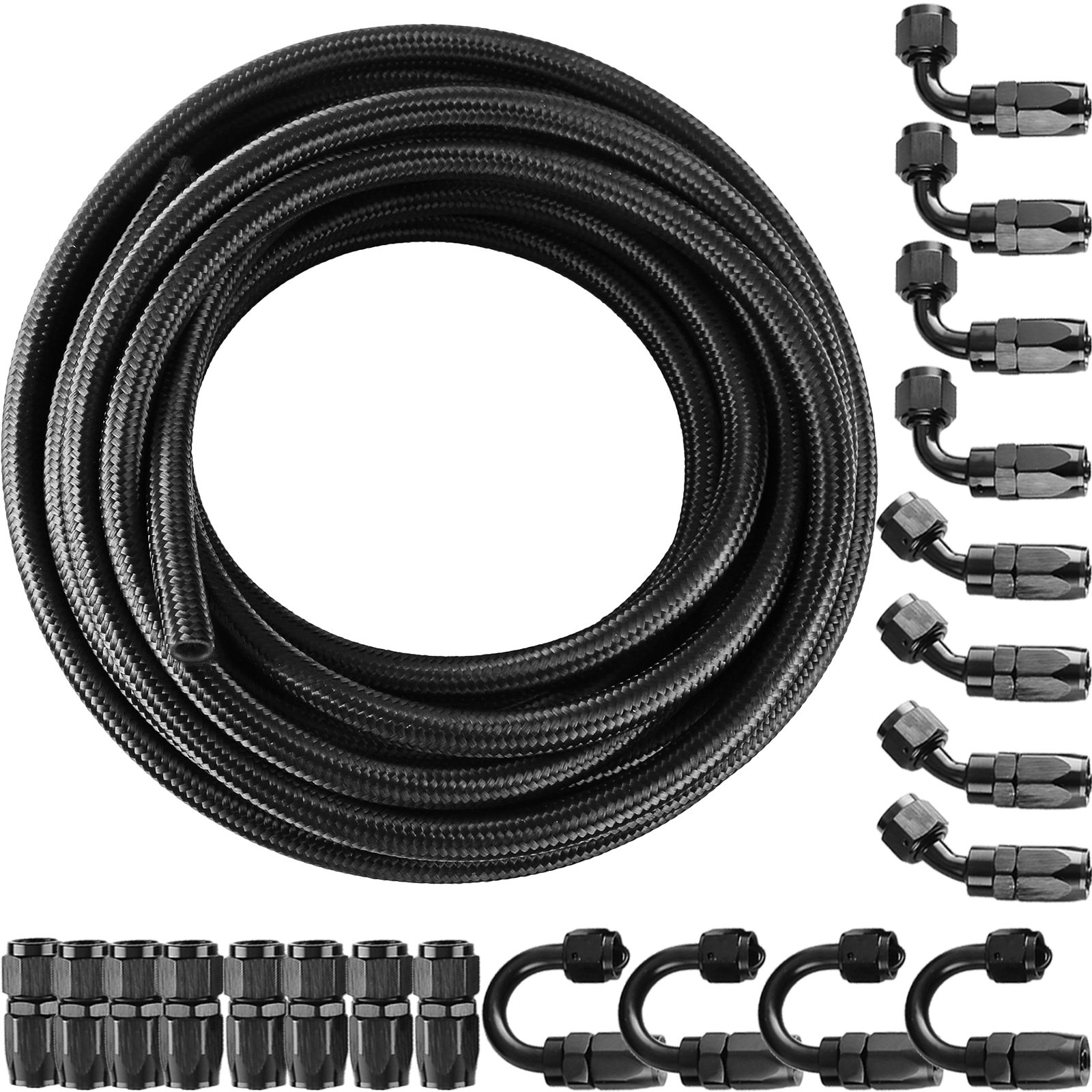 VEVOR 6AN 32.8FT Manguera de línea de combustible de gas de aceite trenzado de nailon de acero inoxidable 10M BK + 20 PCS Kit de adaptador de montaje de extremo de manguera de aluminio Kit de línea de combustible 1000 psi (AN6)
