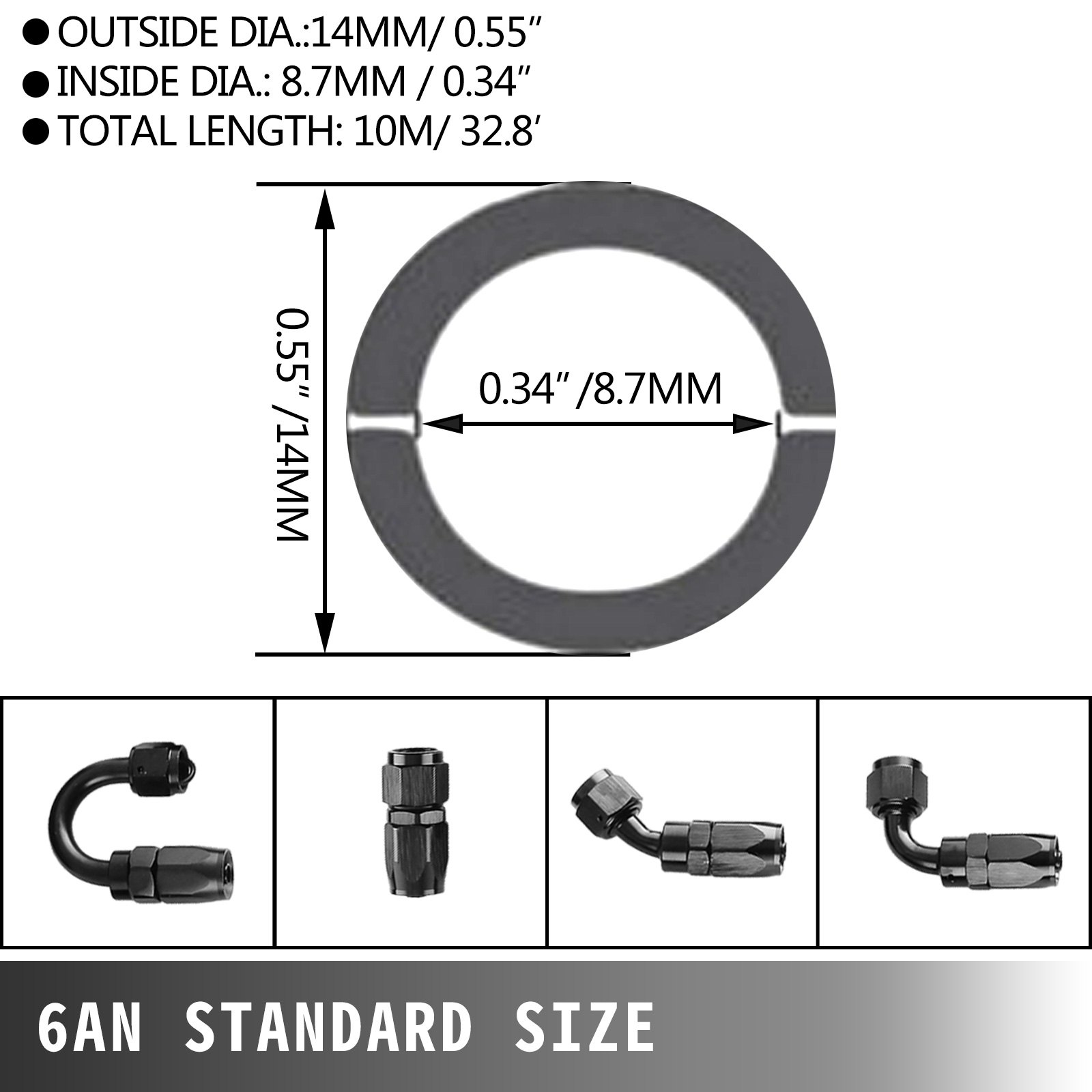 VEVOR 6AN 32.8FT Manguera de línea de combustible de gas de aceite trenzado de nailon de acero inoxidable 10M BK + 20 PCS Kit de adaptador de montaje de extremo de manguera de aluminio Kit de línea de combustible 1000 psi (AN6)