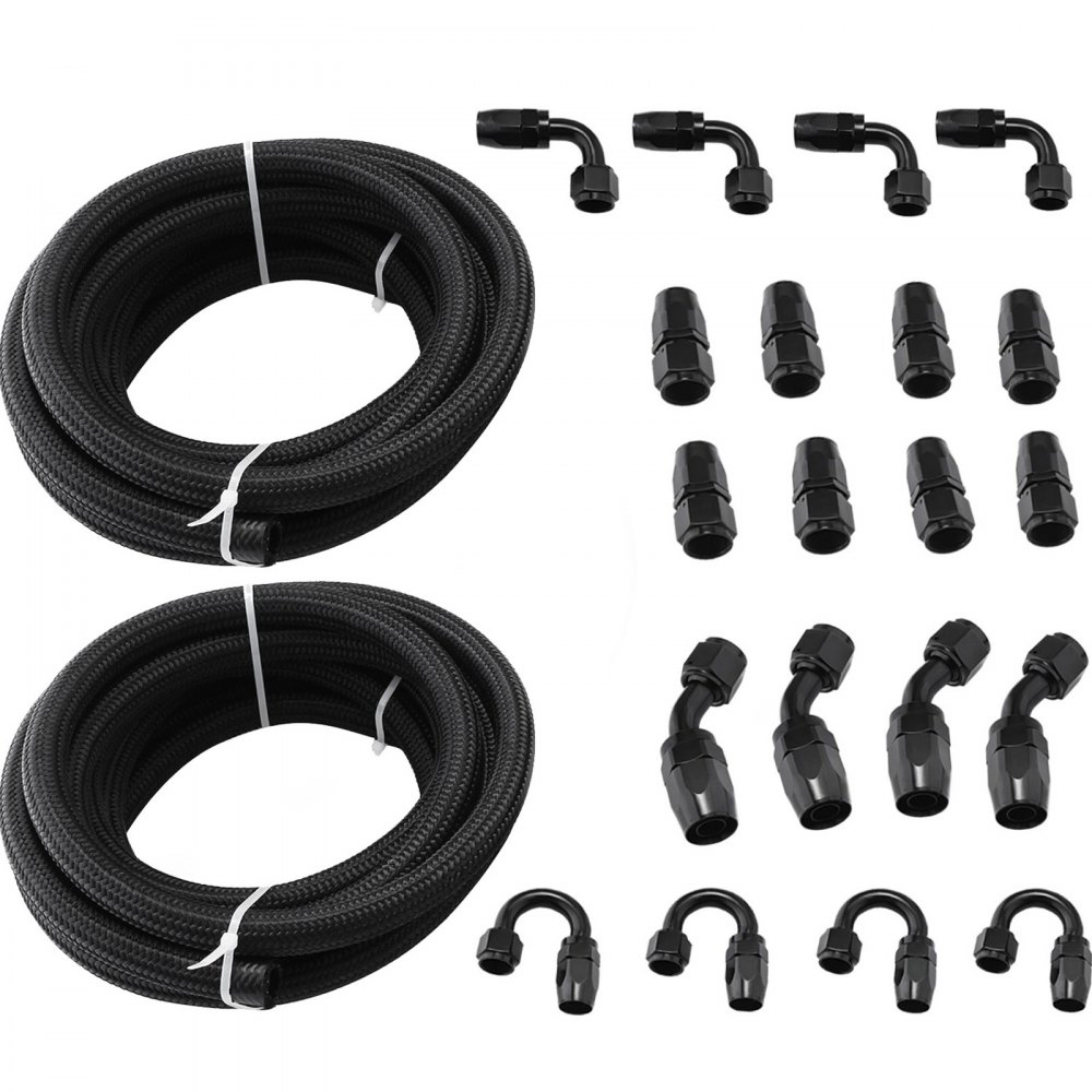 Kit de mangueras de combustible VEVOR 8an con mangueras trenzadas y múltiples accesorios negros.