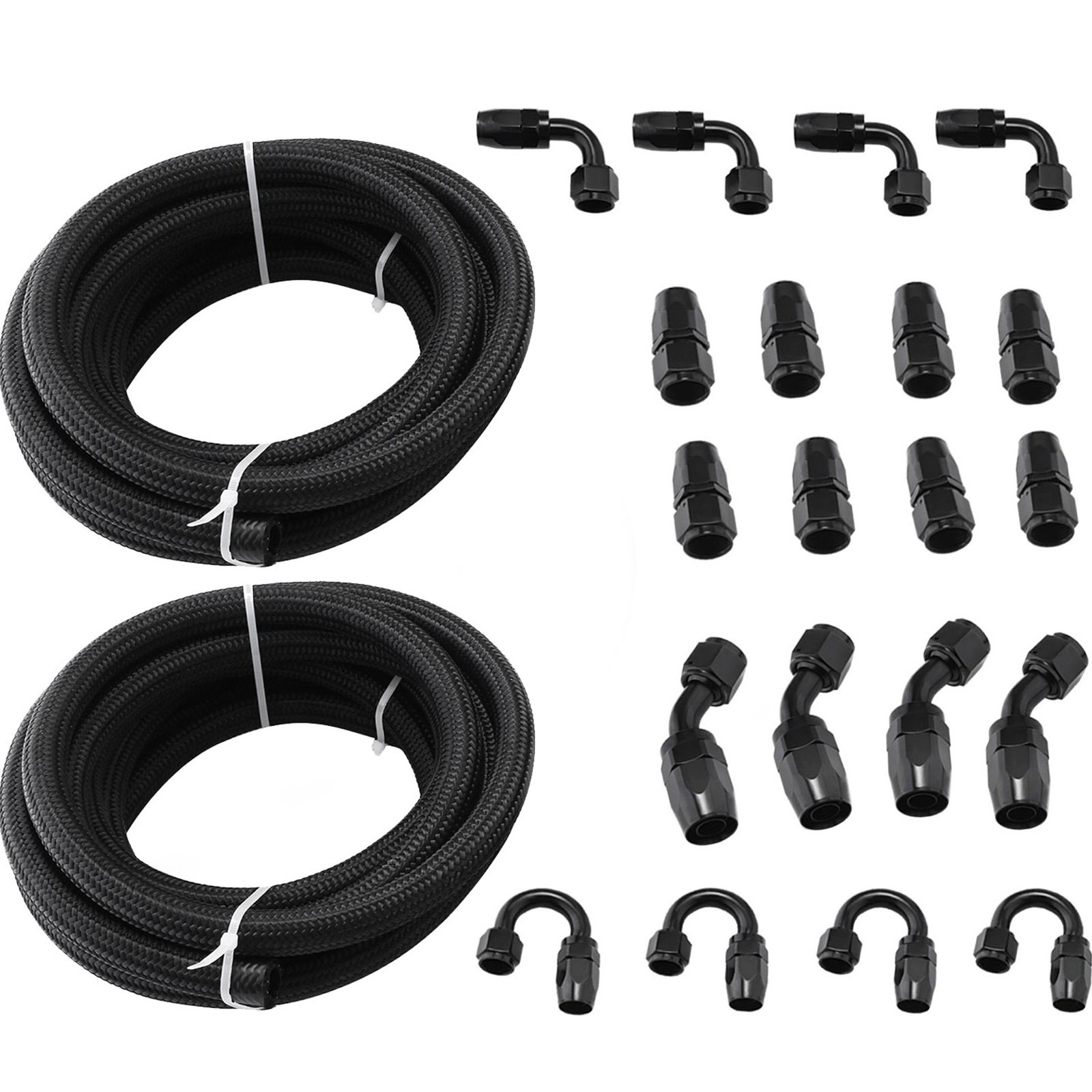 Kit de mangueras de combustible VEVOR 8an con mangueras trenzadas y múltiples accesorios negros.