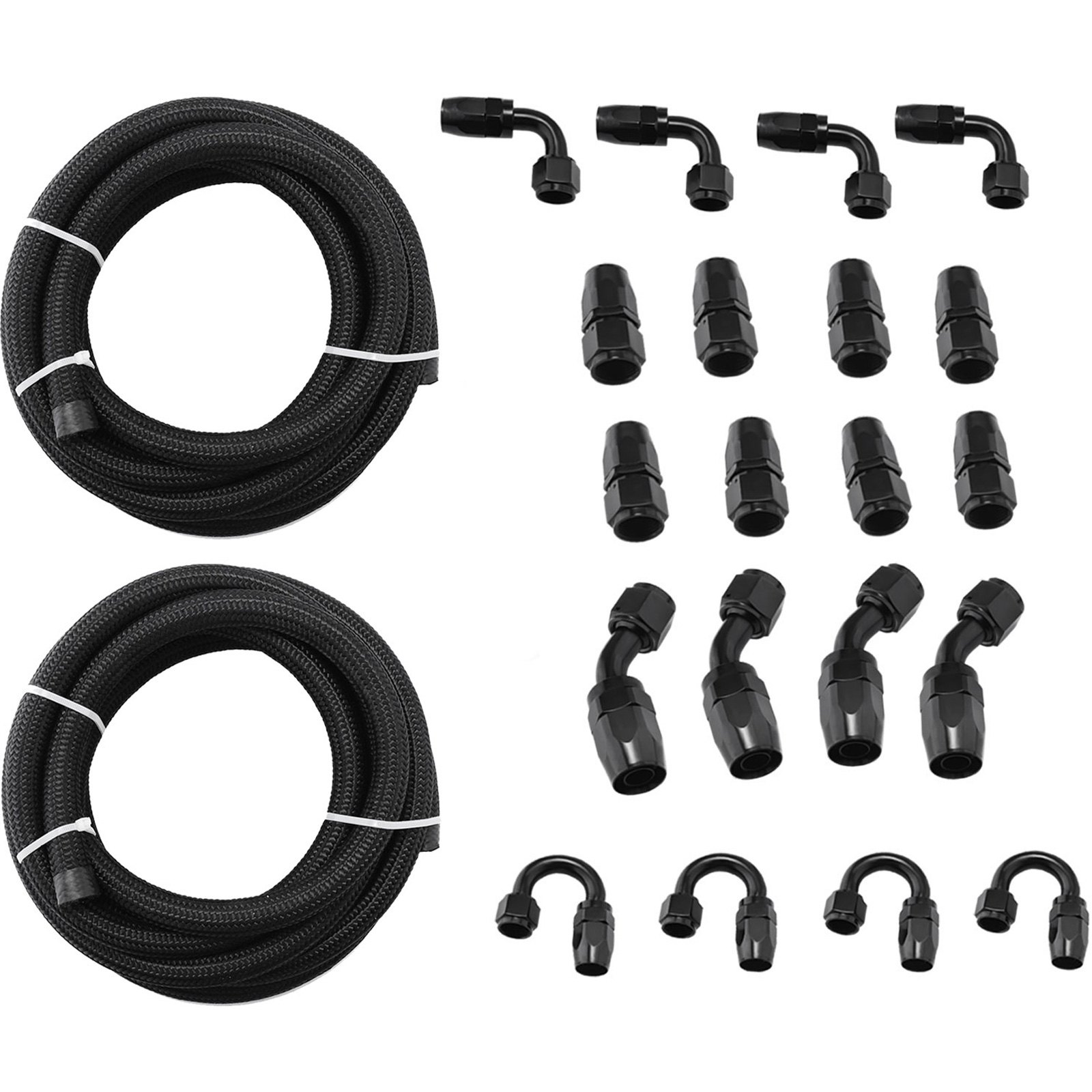 Kit de mangueras de combustible VEVOR 8an con mangueras negras y varios accesorios en ángulo.