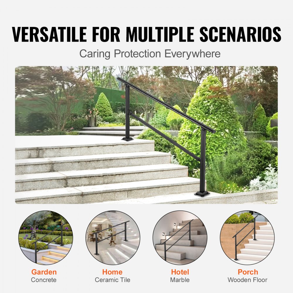 Barandilla de escalera exterior VEVOR, apta para escaleras de 0 a 5 peldaños, pasamanos de hierro forjado de estilo transicional, barandilla de escalera exterior ajustable, pasamanos para escalones de hormigón con kit de instalación, pasamanos exterior negro mate.
